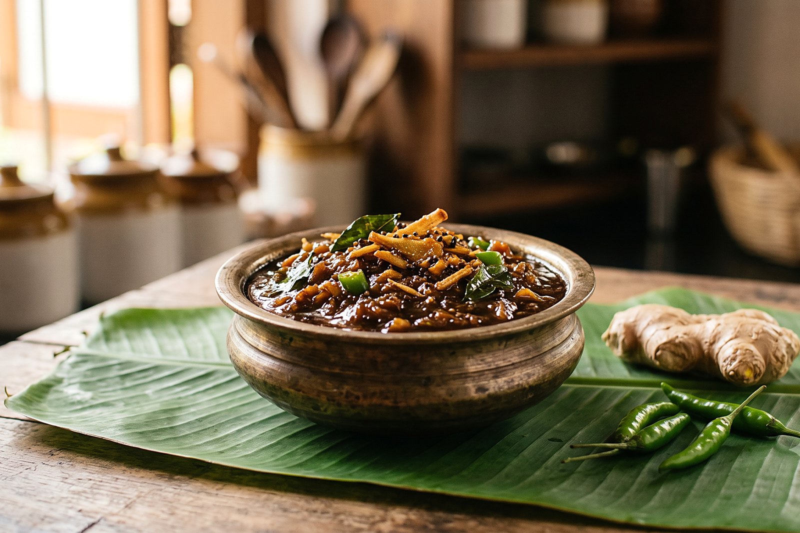 Kerala puli inji, a dark glossy ginger and tamarind relish in a bronze uruli on a banana leaf, with fresh ginger and green chillies beside it
