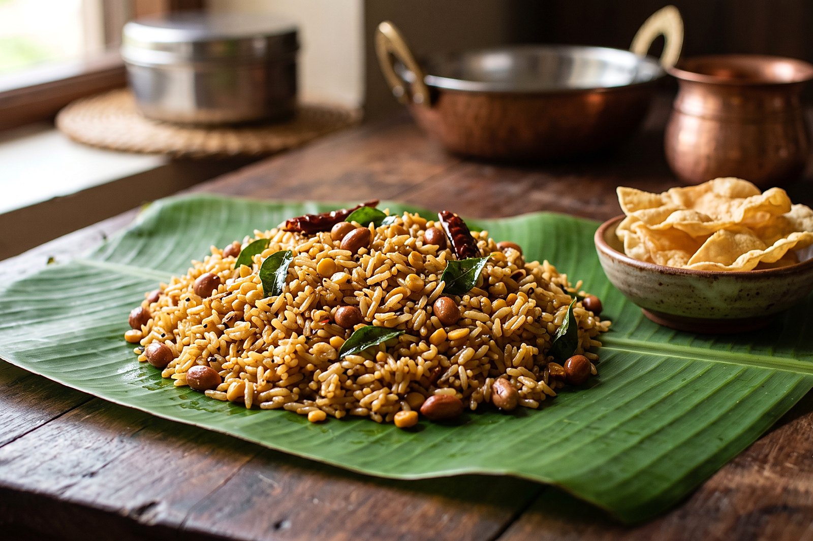 Puliyodarai tamarind rice on a banana leaf with roasted peanuts, curry leaves and dried red chillies, served with appalam