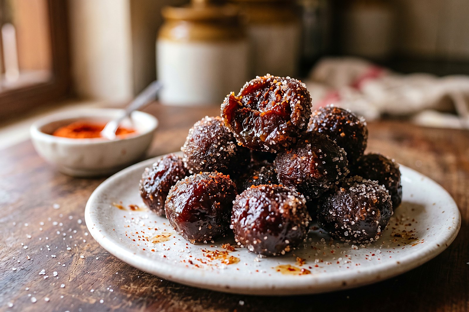 Homemade tamarind candy balls coated in coarse sugar on a white plate, one broken open showing the sticky dark centre, with a bowl of chilli powder behind