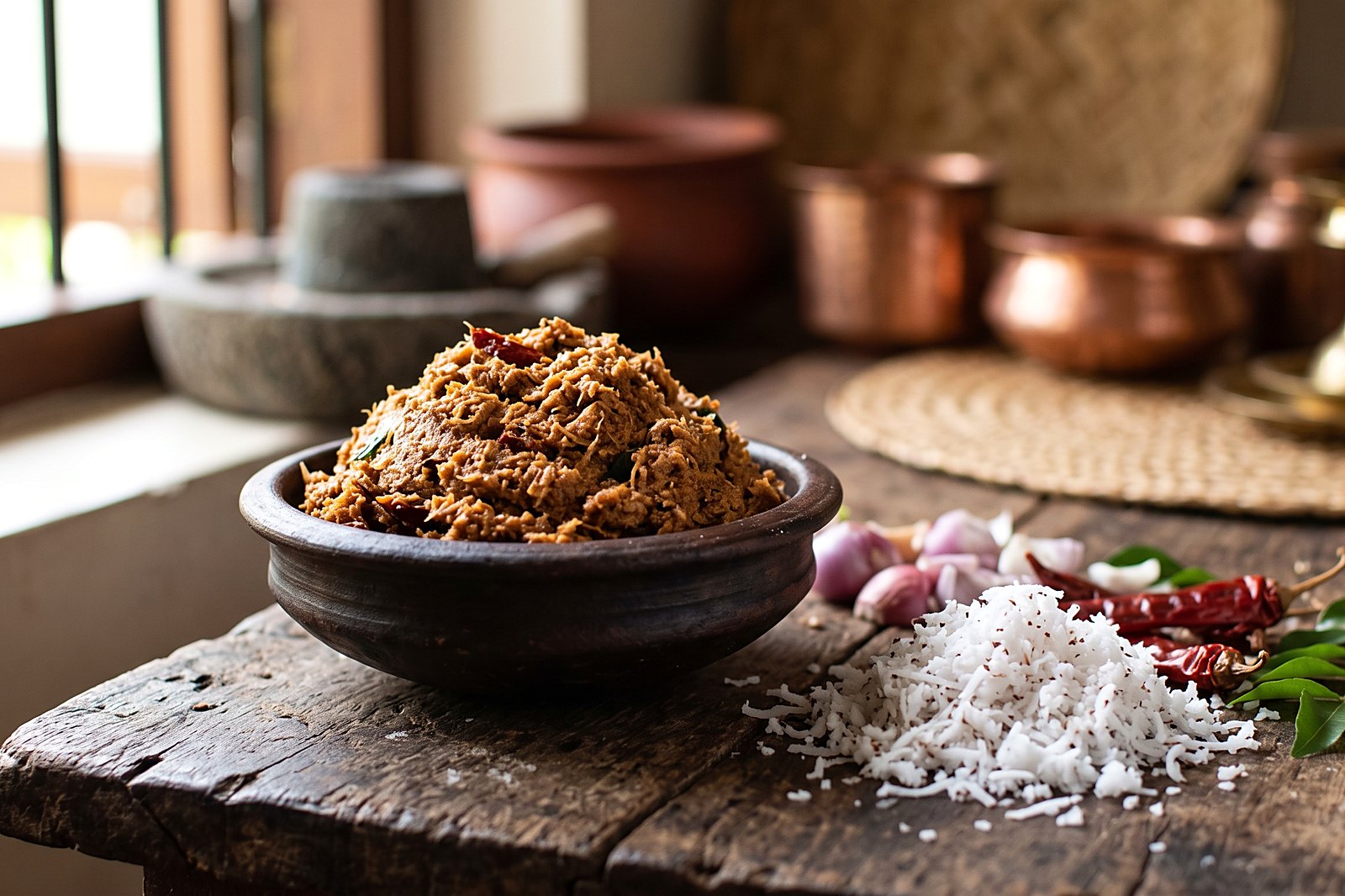Kerala tamarind chammanthi, a coarse coconut and tamarind relish mounded in a dark clay bowl, with grated coconut, shallots, dried red chillies and curry leaves beside it