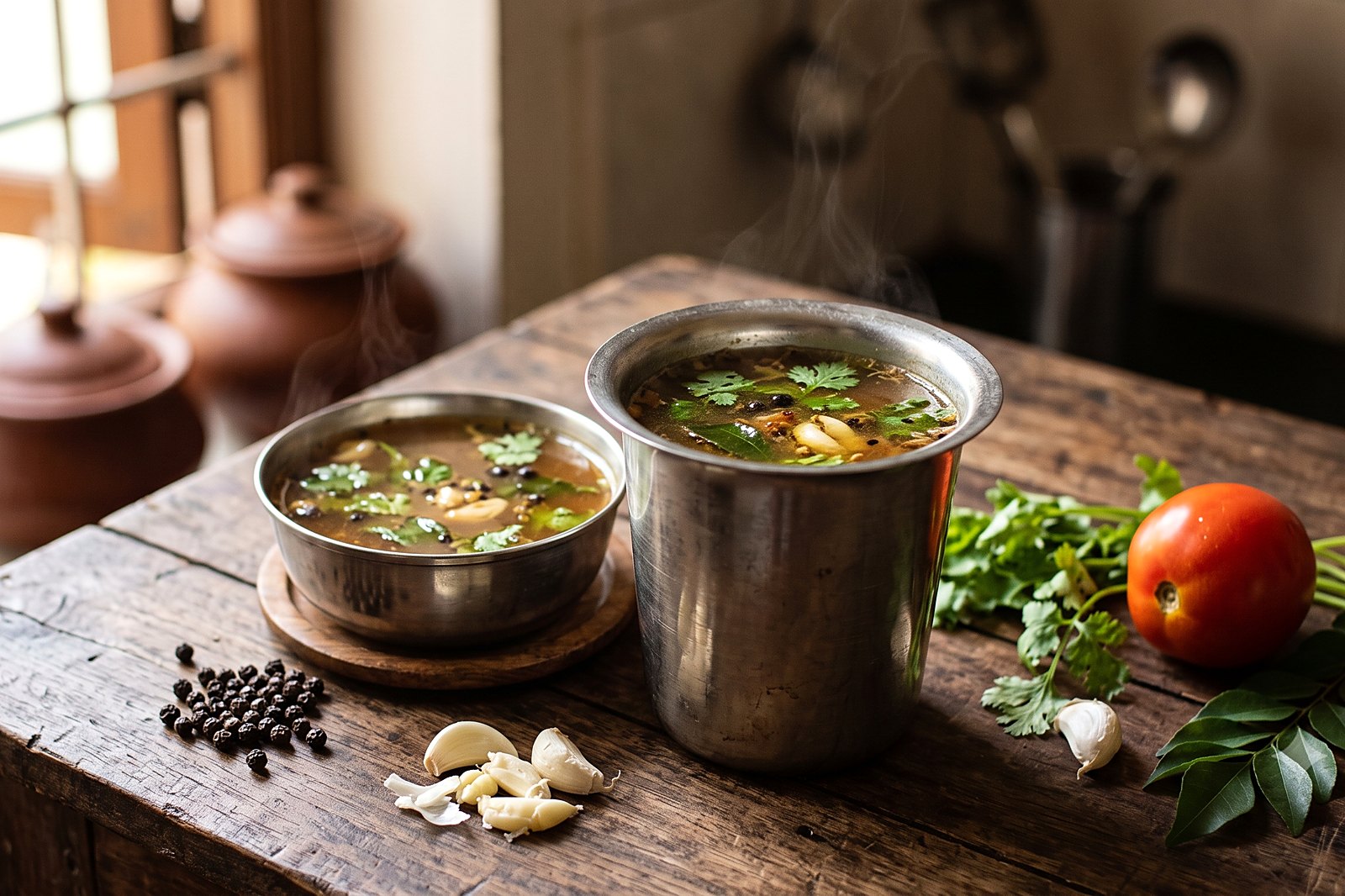 South Indian tamarind rasam steaming in a steel tumbler and bowl, with peppercorns, garlic, tomato and curry leaves on a wooden table